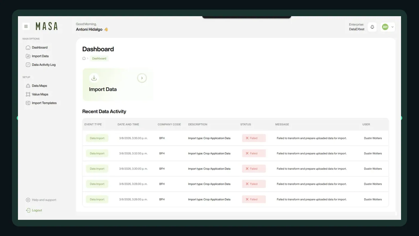 Panel de MASA con tablas y controles, referencia de una interfaz que necesita responder con fluidez.