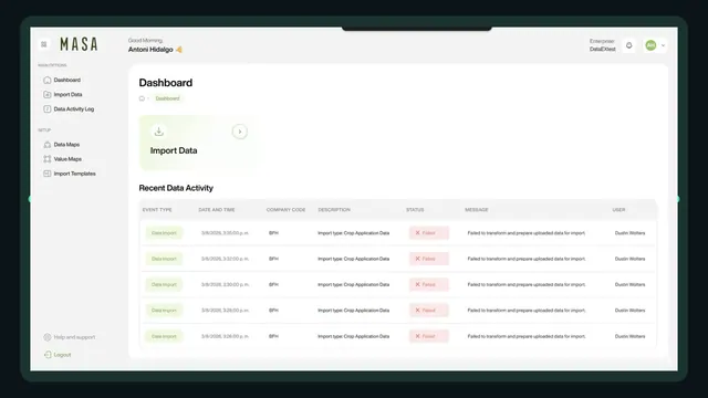 Panel de MASA con tablas y controles, referencia de una interfaz que necesita responder con fluidez.