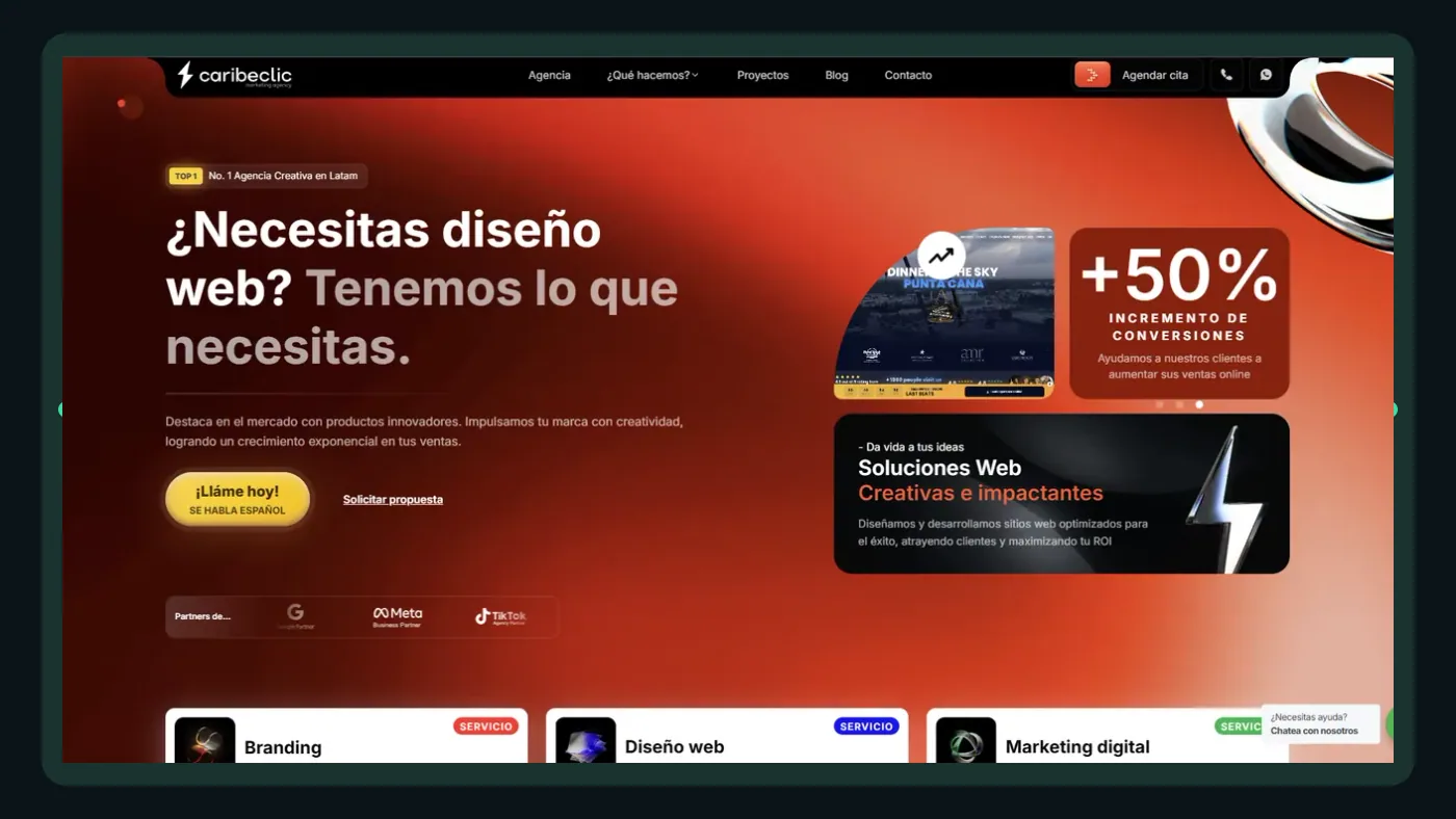 Página de servicios digitales de Caribeclic, ejemplo de una oferta web con contacto visible.