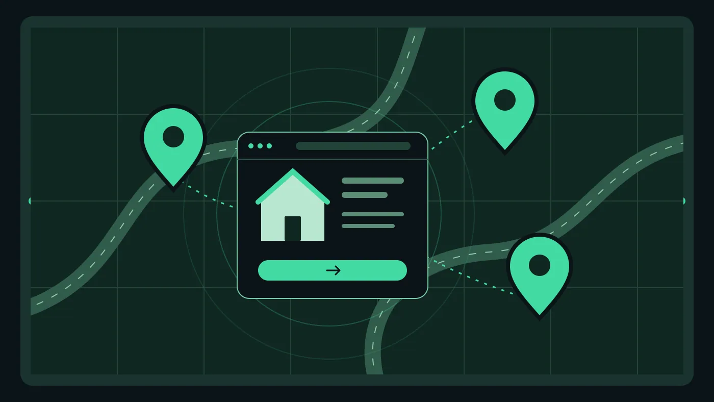 Ilustración de una web de servicios conectada con marcadores de ubicación, como esquema de SEO local.