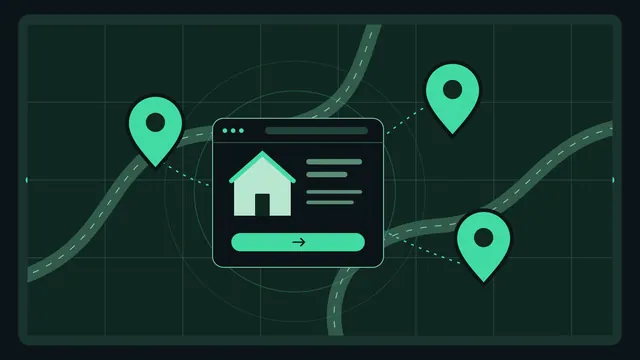 Ilustración de una web de servicios conectada con marcadores de ubicación, como esquema de SEO local.