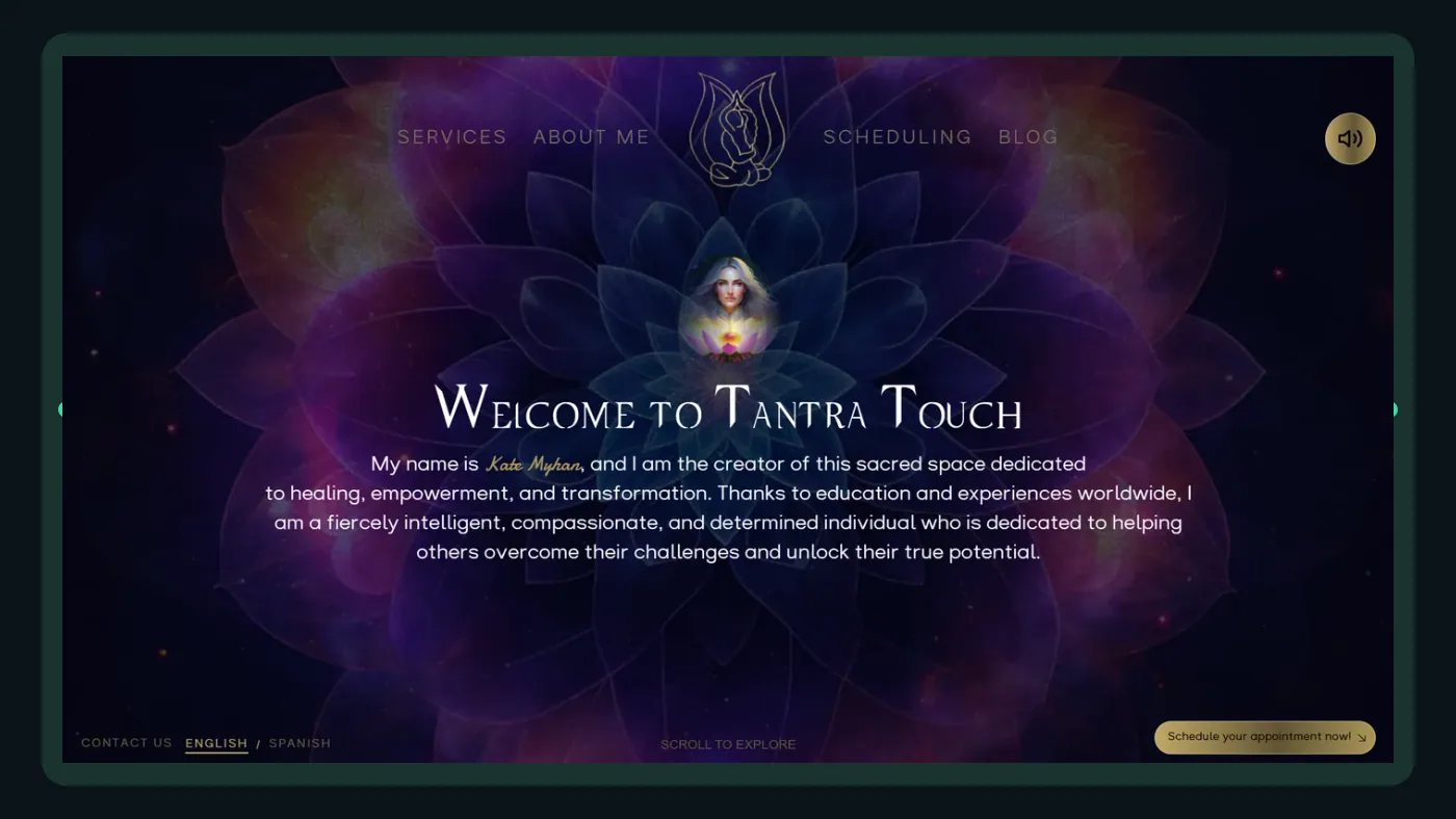Web de Tantra Touch con presentación de servicios y enlaces para elegir inglés o español.